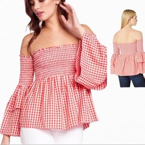 Jack BB Dakota Red Wht Gingham Off Shoulder top Sm